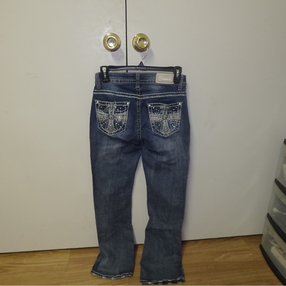 Chic Blue Boot Cut Jeans with Embellished Pockets